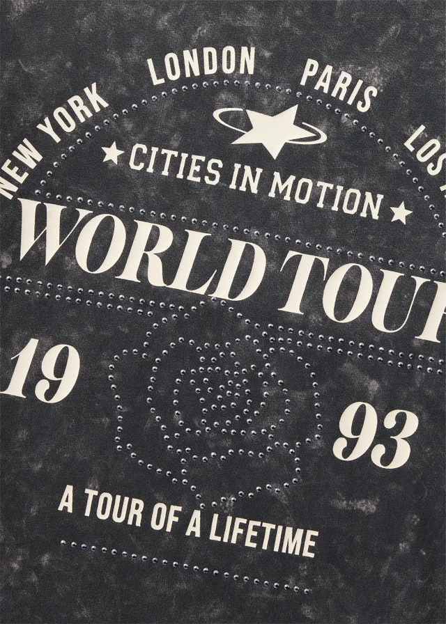 Girls Grey Acid Wash World Tour T-Shirt (7-15yrs)