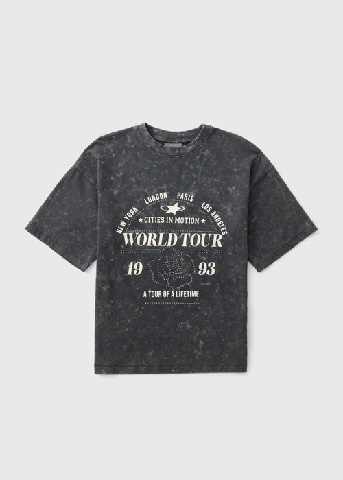 Girls Grey Acid Wash World Tour T-Shirt (7-15yrs) - 7 Yrs Image 1