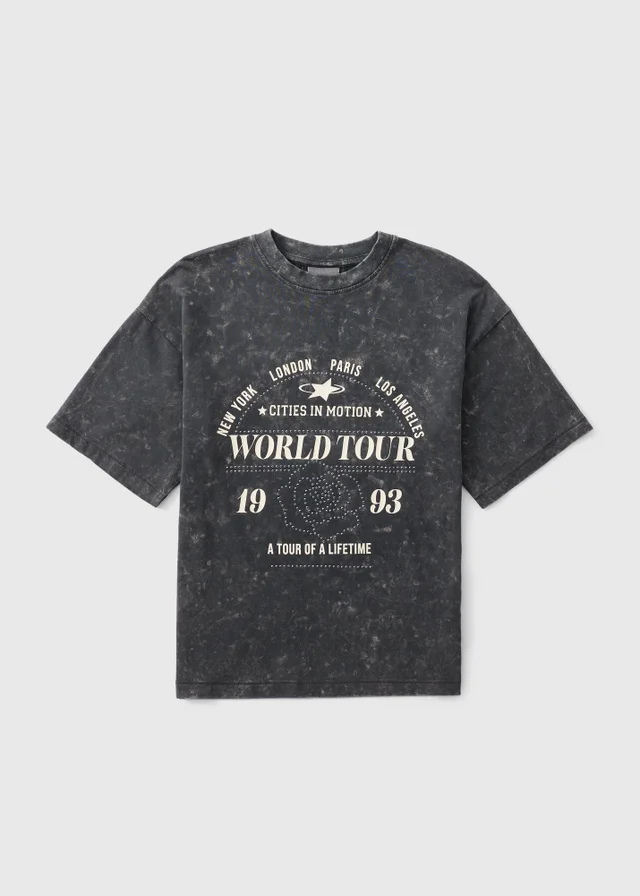 Girls Grey Acid Wash World Tour T-Shirt (7-15yrs)