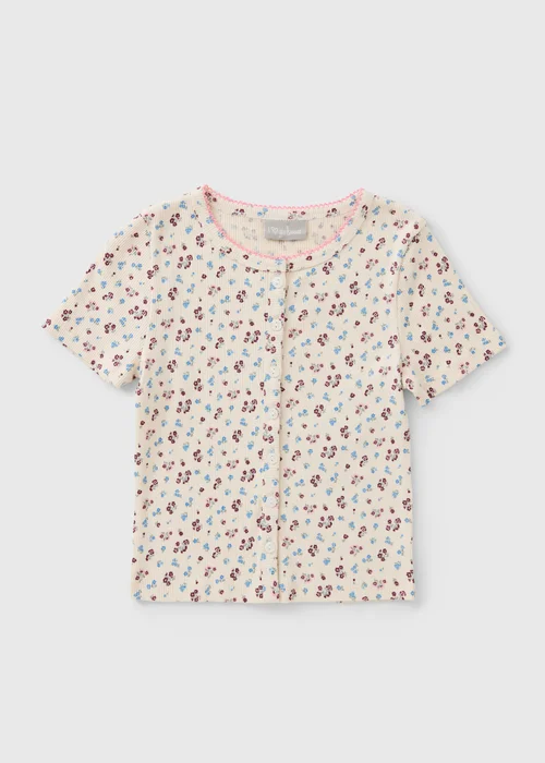 Girls Cream Ditsy Print Button Front T-Shirt (7-15yrs) - 8 Yrs Image 1