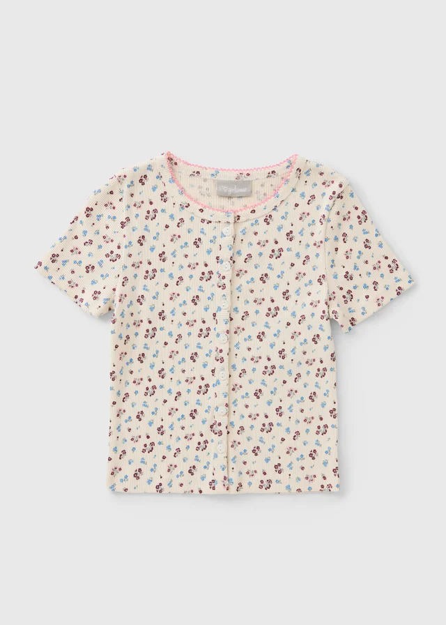 Girls Cream Ditsy Print Button Front T-Shirt (7-15yrs)