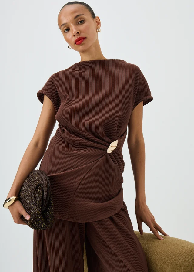 Chocolate Brown Plisse Longline Co Ord Top