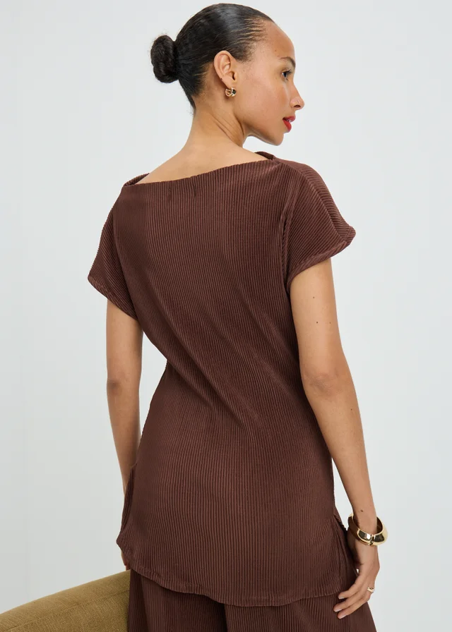 Chocolate Brown Plisse Longline Co Ord Top