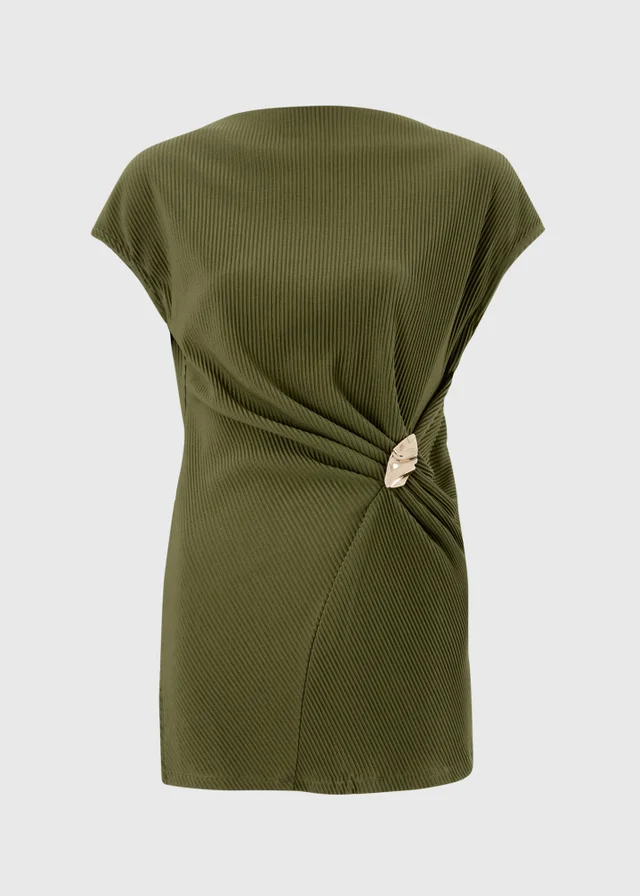 Olive Plisse Longline Co Ord Top