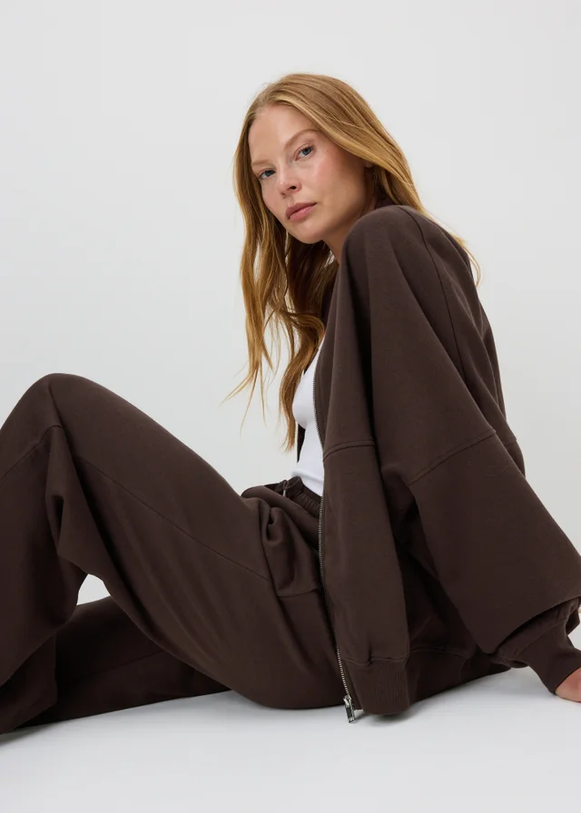 Chocolate Brown Collar Seam Zip Up Sweatshirt
