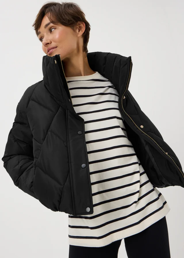 Black Funnel Neck Short Padded Coat
