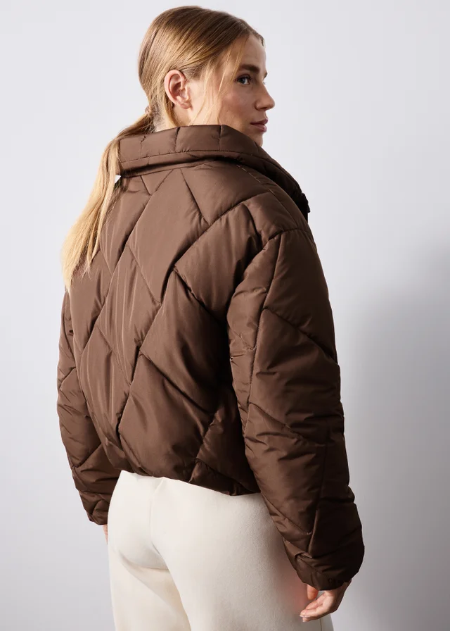 Chocolate Brown Funnel Neck Short Padded Coat