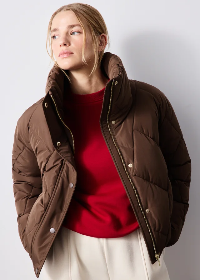 Chocolate Brown Funnel Neck Short Padded Coat