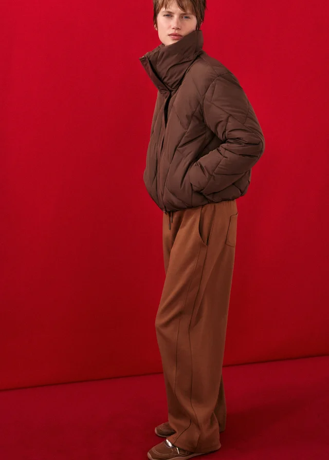 Chocolate Brown Funnel Neck Short Padded Coat