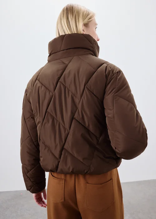 Chocolate Brown Funnel Neck Short Padded Coat - M Image 3