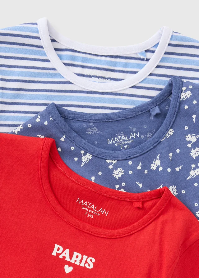3 Pack Girls Multicolour Paris Ruched T-Shirts (7-15yrs)
