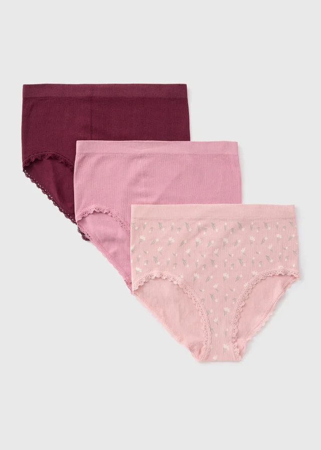 3 Pack Pink Floral Seam Free Ribbed Full Knickers