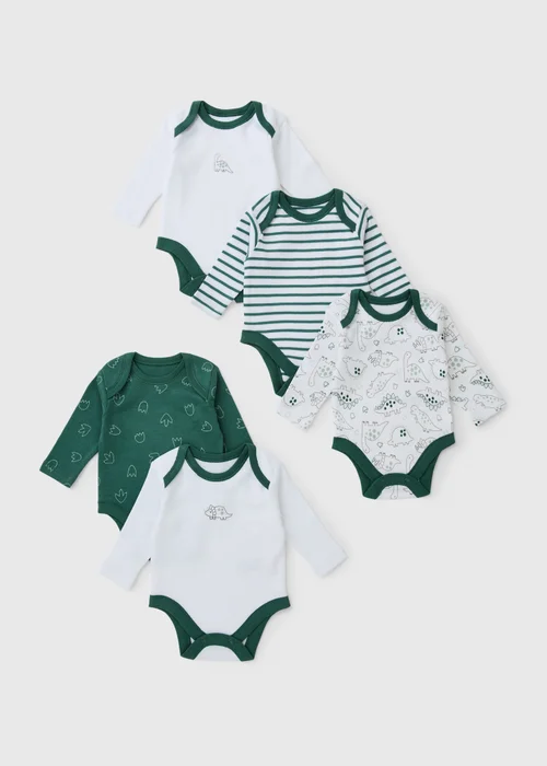 5 Pack Baby Green Dinosaur Long Sleeve Bodysuits - First Size Image 1