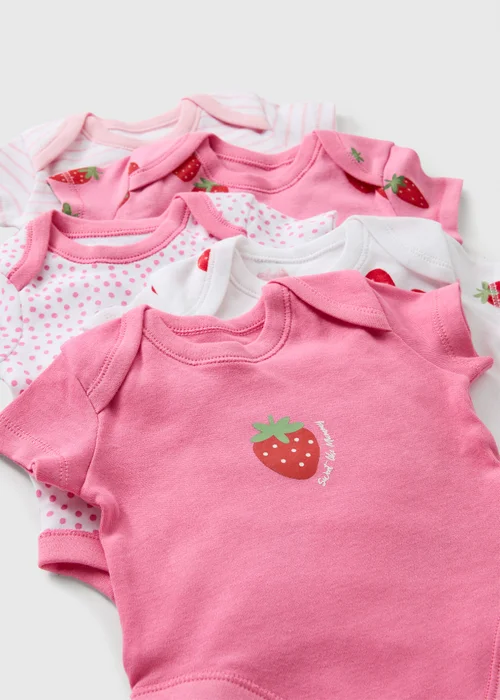 5 Pack Girls Pink Strawberry Bodysuits (0-23mths) - First Size Image 2
