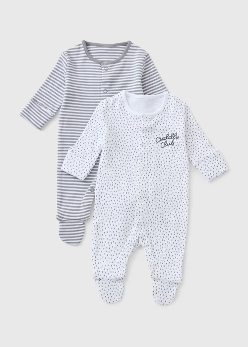 2 Pack Baby Grey Stripe Slogan Sleepsuits (0-23mths) - First Size Image 1
