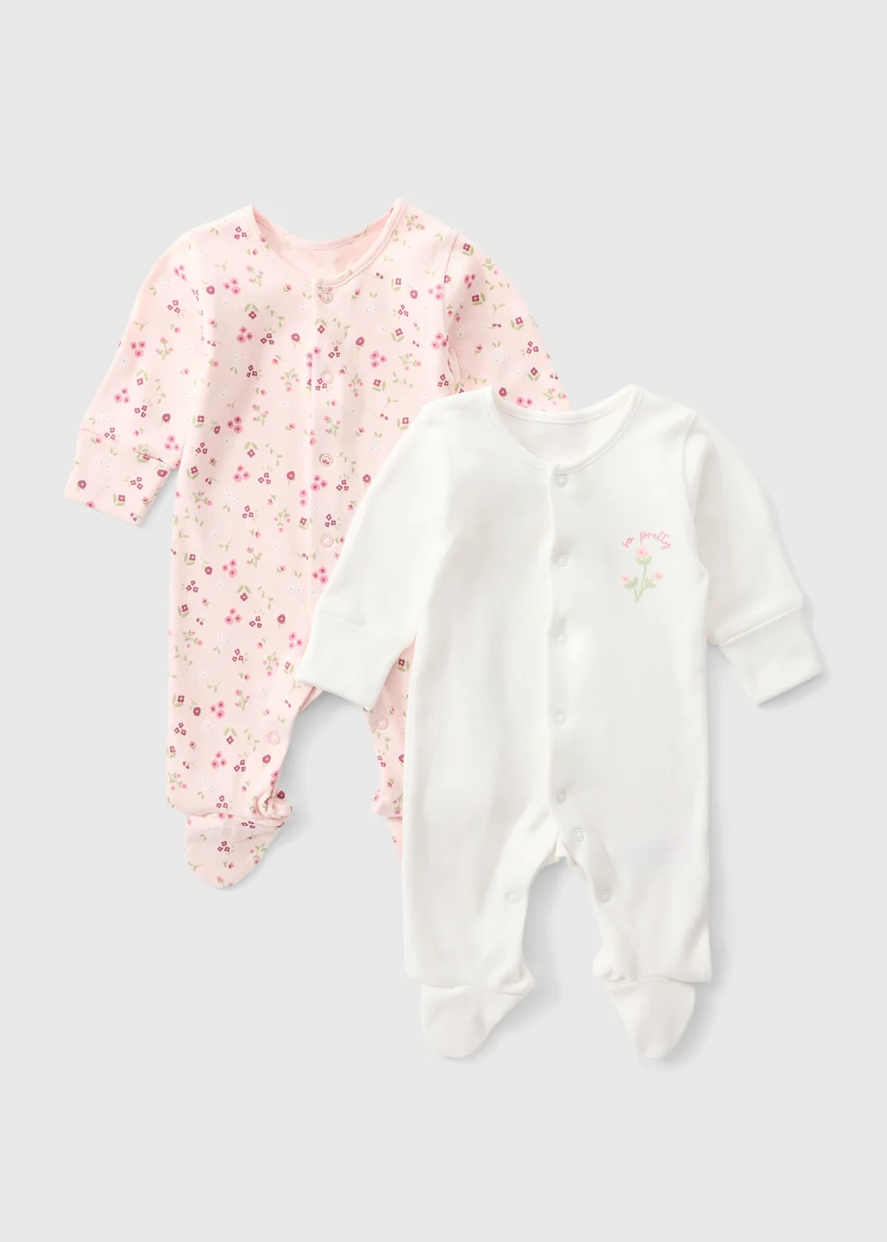 2 Pack Baby Pink Floral Sleepsuits (0-23mths) - First Size Image 1