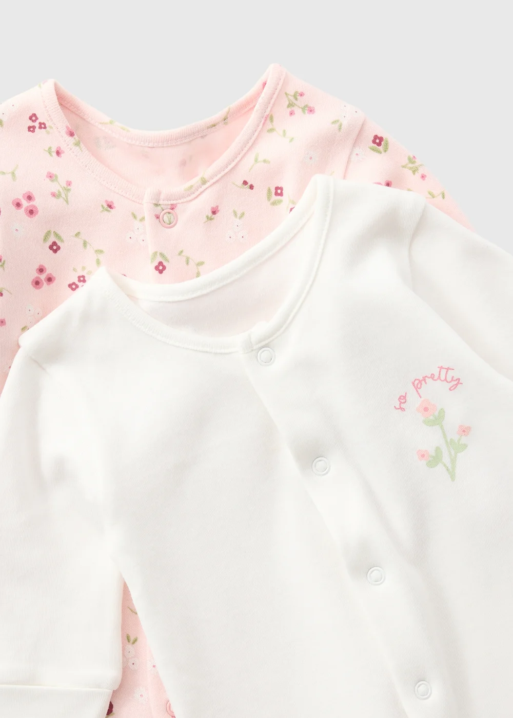 2 Pack Baby Pink Floral Sleepsuits (0-23mths) - First Size Image 2