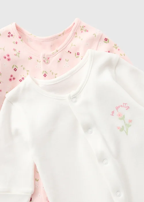 2 Pack Baby Pink Floral Sleepsuits (0-23mths) - First Size Image 2