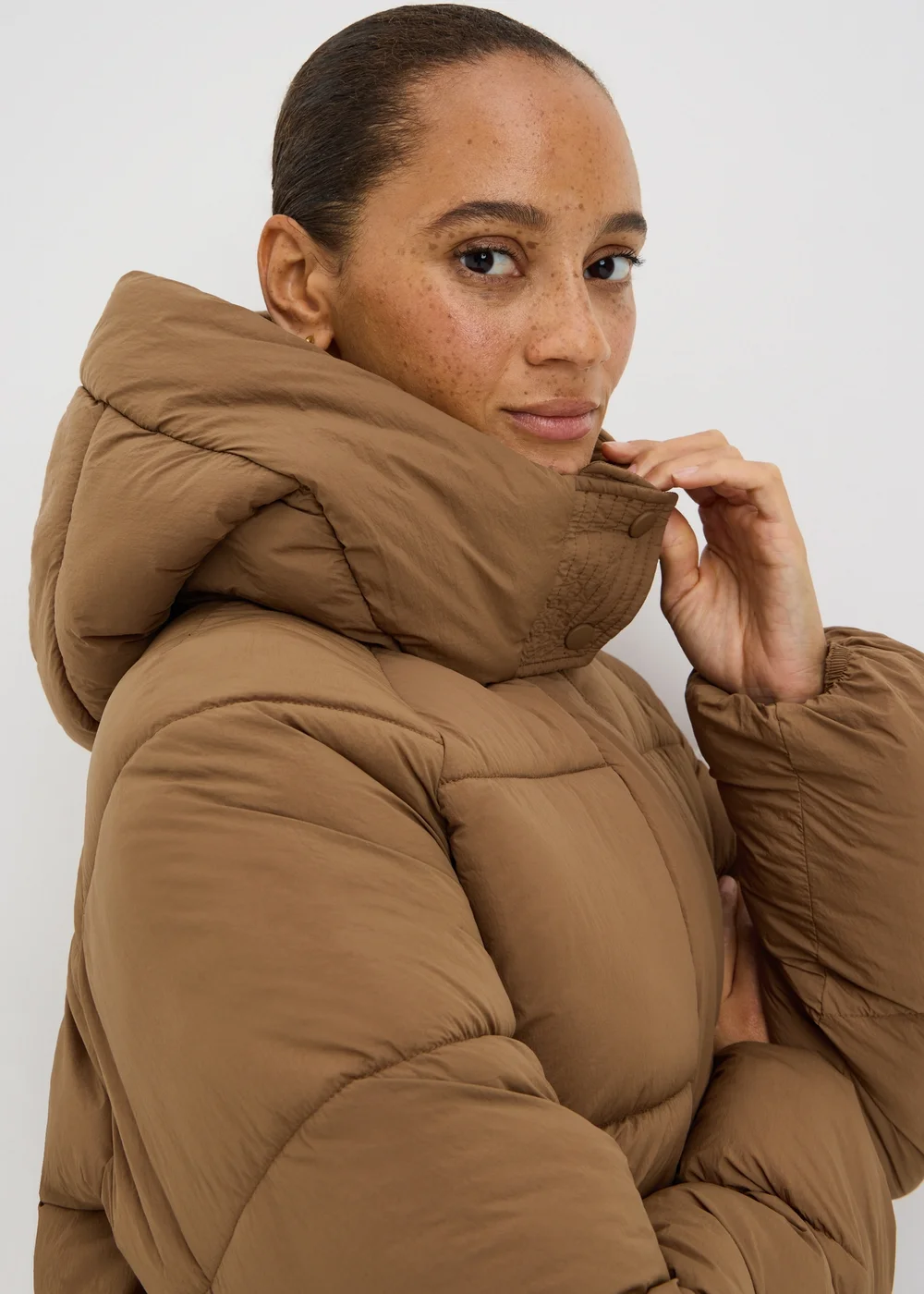 Camel Mid Length Padded Hooded Coat - S Image 3