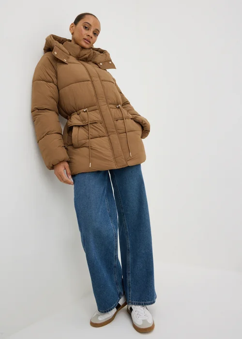 Camel Mid Length Padded Hooded Coat - S Image 1
