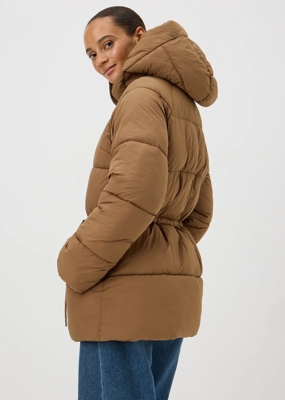 Camel Mid Length Padded Hooded Coat - S Image 2