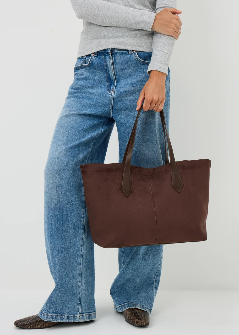 Chocolate Brown Faux Suede Tote Bag - One Size Image 1