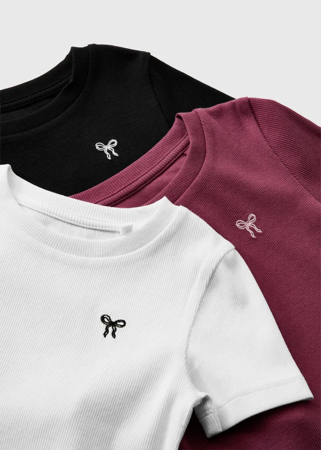 3 Pack Girls Multicolour Bow Ribbed T-Shirts (7-15yrs)