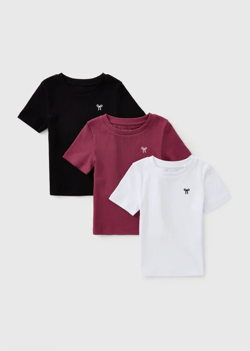 3 Pack Girls Multicolour Bow Ribbed T-Shirts (7-15yrs) - 14 Yrs Image 1