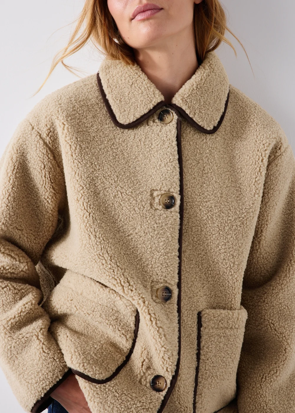 Beige Borg Piped Coat - 8 Image 3