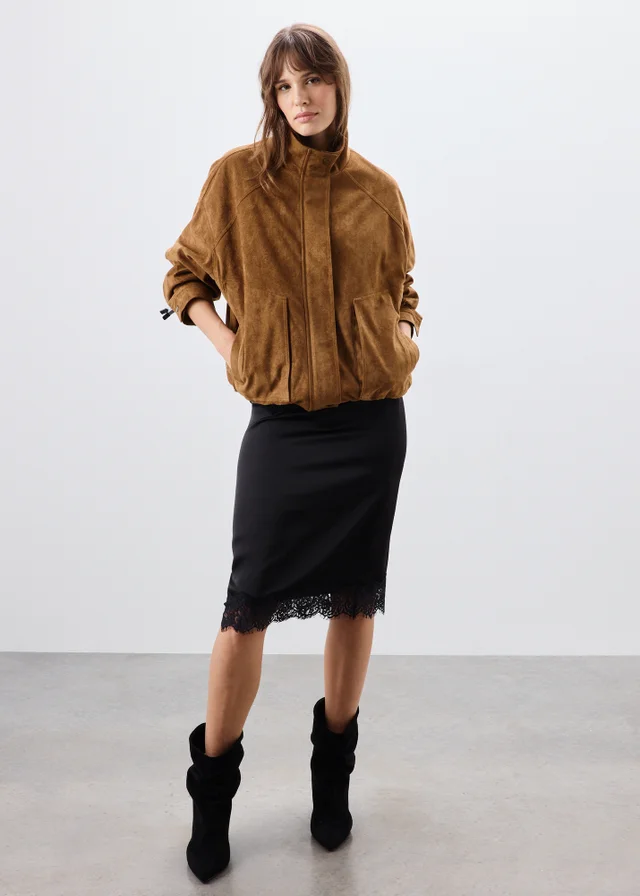 Tan Faux Suedette Bomber Jacket