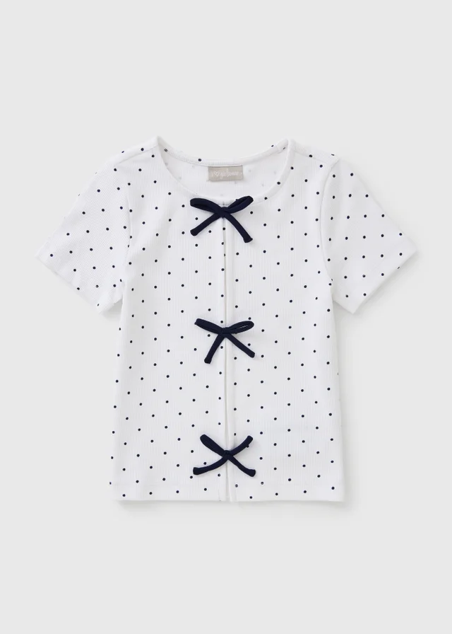 Girls White Polka Dot Bow T-Shirt (7-15yrs)