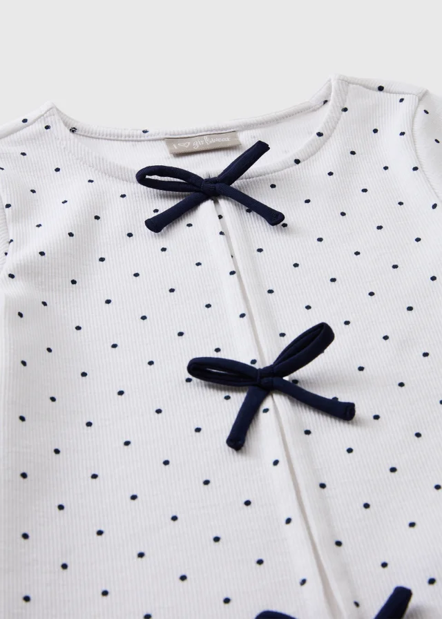 Girls White Polka Dot Bow T-Shirt (7-15yrs)
