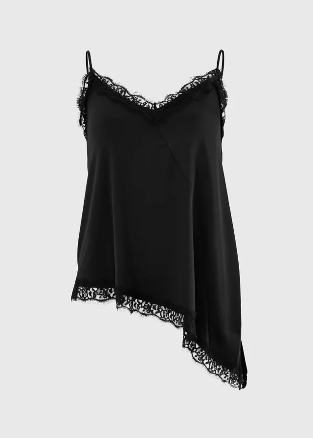 Black Satin Lace Asymmetric Cami Top