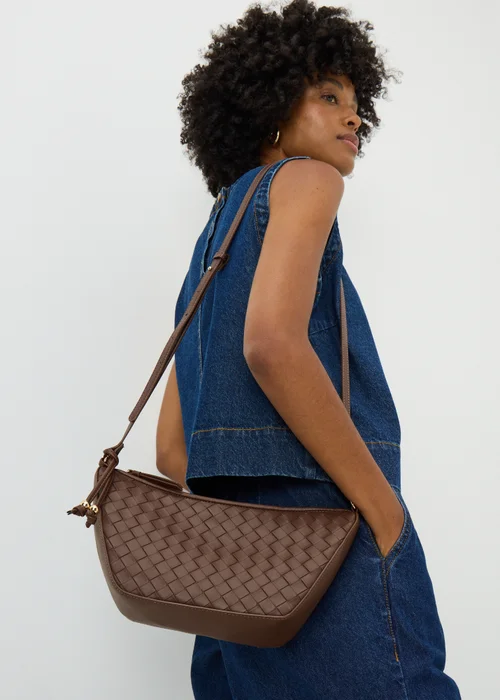 Chocolate Brown Weave Crossbody Bag - One Size Image 2