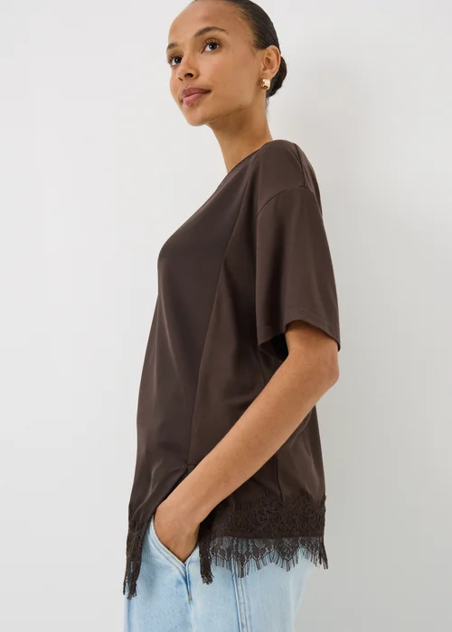 Chocolate Brown Satin Lace Hem Oversized T-Shirt - S Image 3