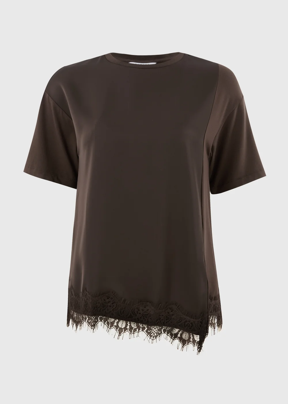 Chocolate Brown Satin Lace Hem Oversized T-Shirt - S Image 4