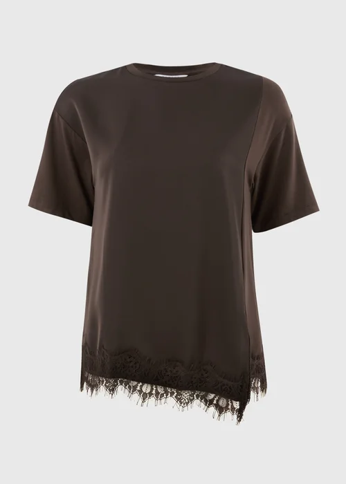 Chocolate Brown Satin Lace Hem Oversized T-Shirt - S Image 4