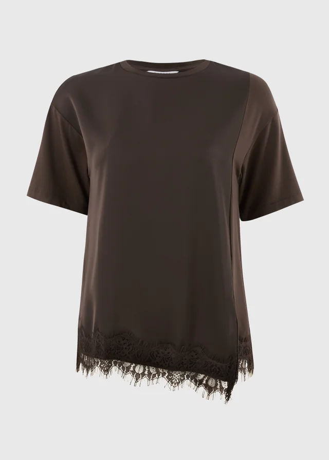 Chocolate Brown Satin Lace Hem Oversized T-Shirt