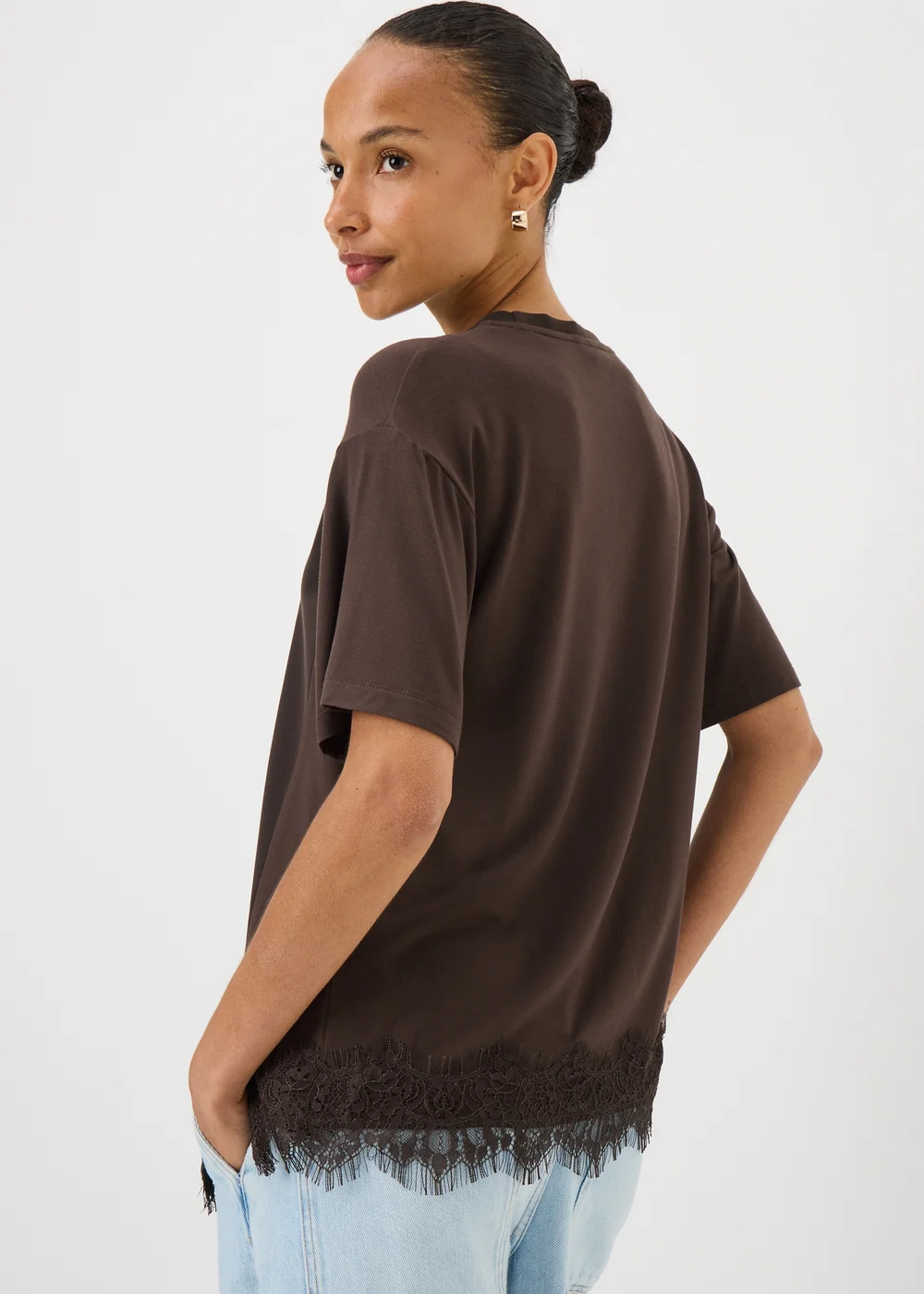 Chocolate Brown Satin Lace Hem Oversized T-Shirt - S Image 2