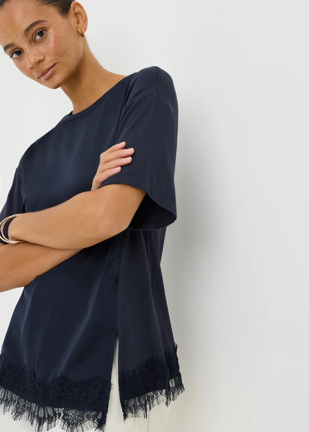 Navy Satin Lace Hem Oversized T-Shirt - S Image 2