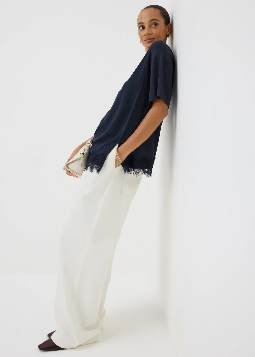 Navy Satin Lace Hem Oversized T-Shirt - S Image 1