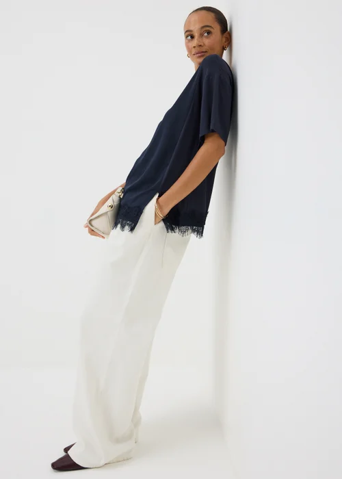 Navy Satin Lace Hem Oversized T-Shirt - S Image 1