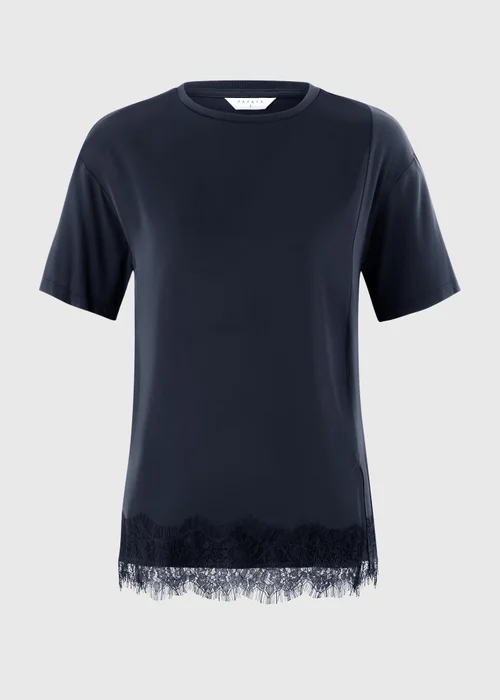 Navy Satin Lace Hem Oversized T-Shirt - S Image 3