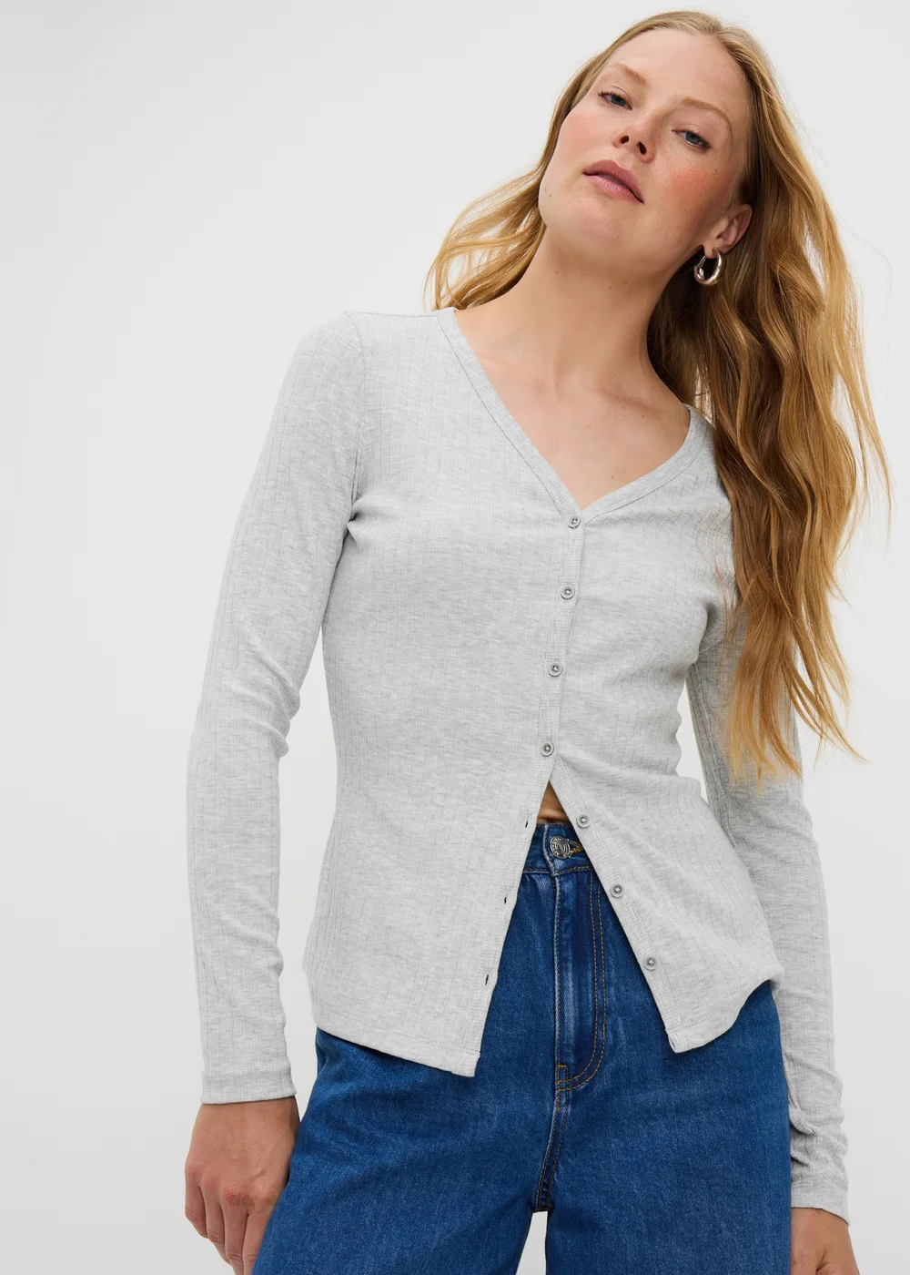 Grey Ribbed V-Neck Cardigan - 8 Image 2