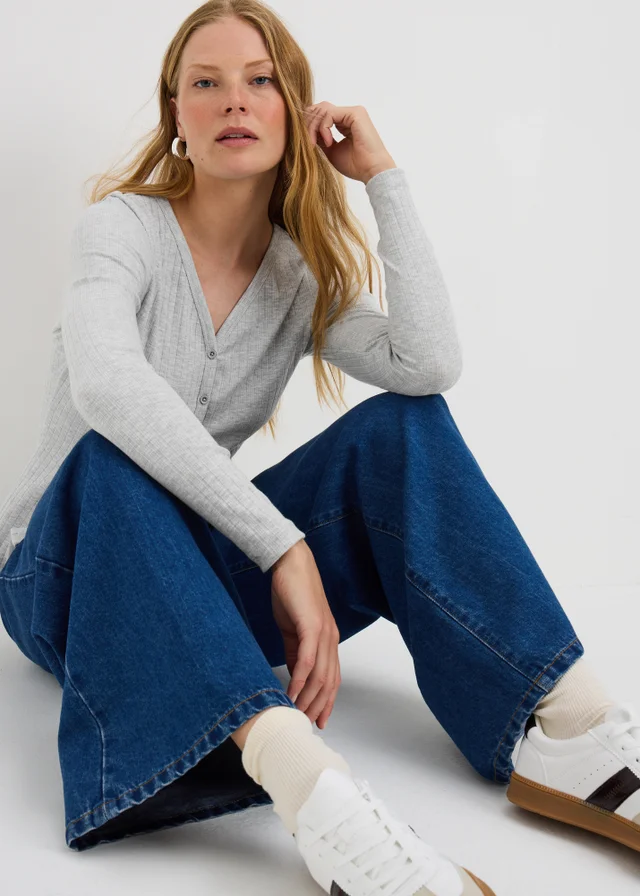 Grey Ribbed V-Neck Cardigan