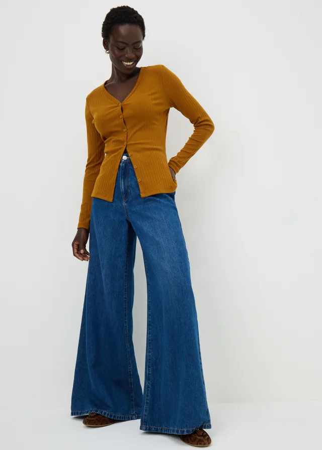 Tan Ribbed V-Neck Cardigan