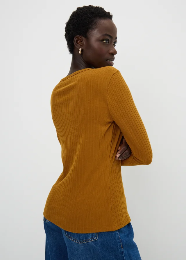 Tan Ribbed V-Neck Cardigan
