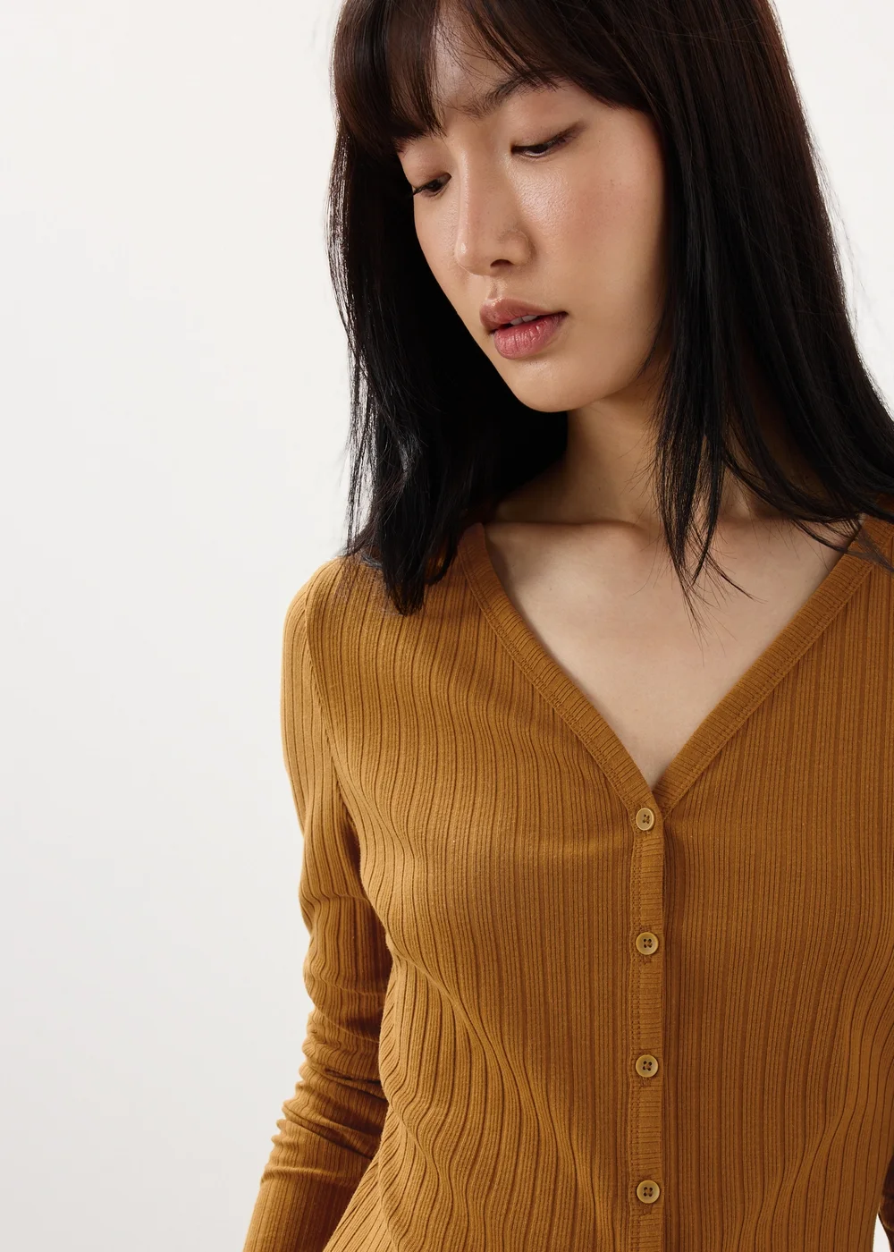 Tan Ribbed V-Neck Cardigan - 8 Image 3