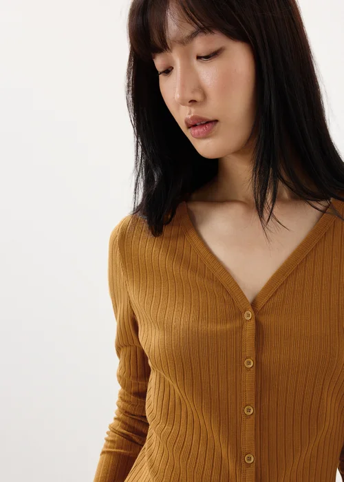Tan Ribbed V-Neck Cardigan - 8 Image 3