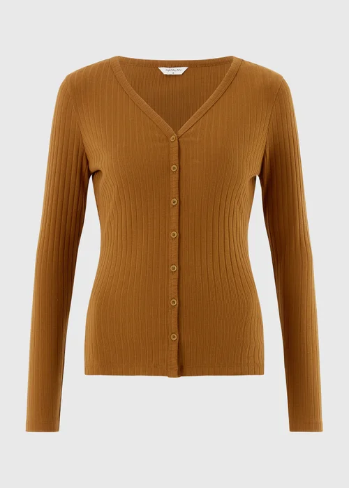 Tan Ribbed V-Neck Cardigan - 8 Image 5